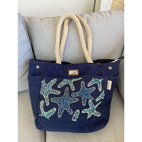 Sunn'N'Sand Starfish Tote Bag Blue & White Beaded Beach Handbag - Picture 1 of 6